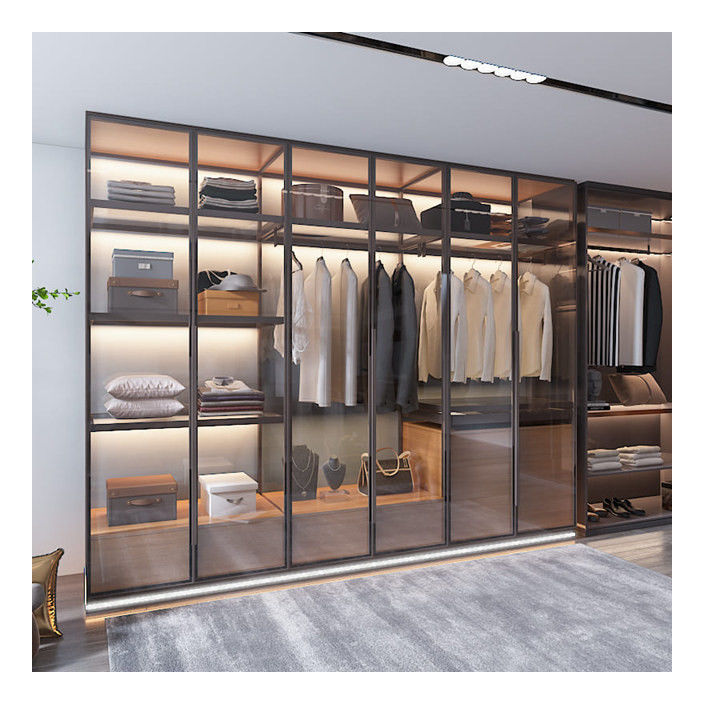 OEM ODM Acceptable Solid Wood Wardrobe with Metallic Colors Aluminum Framed Glass Doors