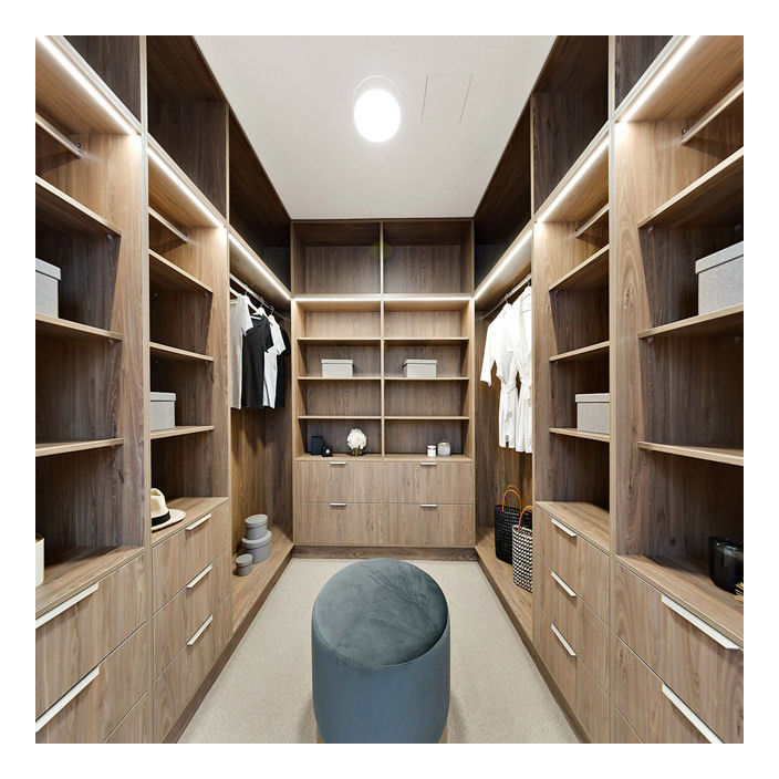 Wood Grain Color Walk-In Armoire for Customer's Drawings and Multi-Storage Needs