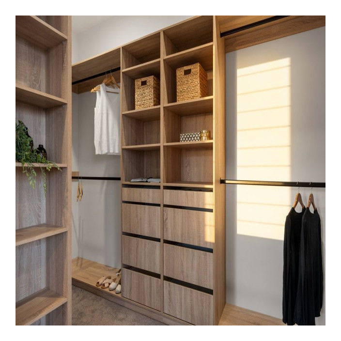 Wood Grain Color Walk-In Armoire for Customer's Drawings and Multi-Storage Needs