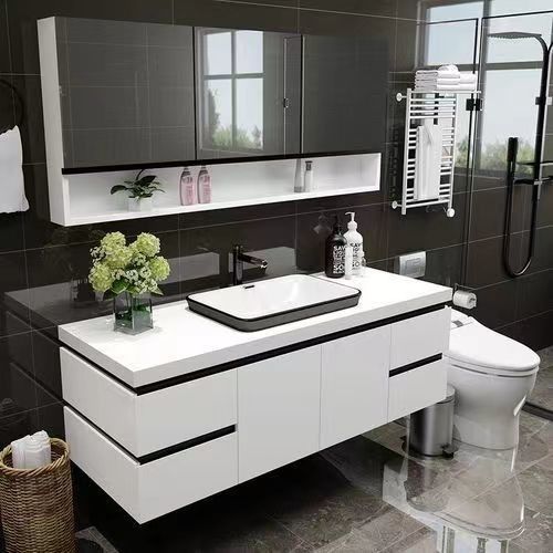 Slim Bathroom Storage Floor Cabinet with Handle-Free Design and Countertop Included
