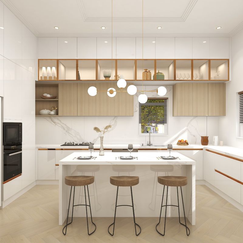 Full Modern Kitchen Cabinets Set with Quartz Stone Countertop and Wood Pantry Storage