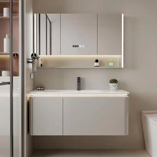 Home Bathroom Vanity Cabinet with Light and Mirror Luxury Wood Evkur Design Lacquer