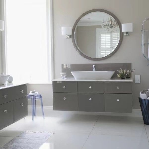 Modern Wood Tray Combo with Small Floating Sinks and Slim Unit Grey/White Oak Bathroom Vanity