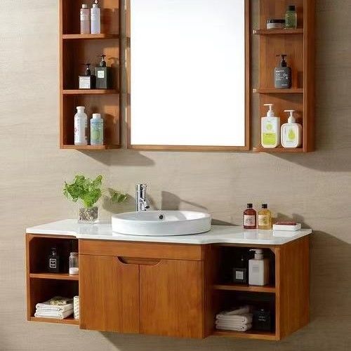 Modern Round Led Mirror Sliding Solid Wood Cabinet Combo Bathroom Sink with Materials