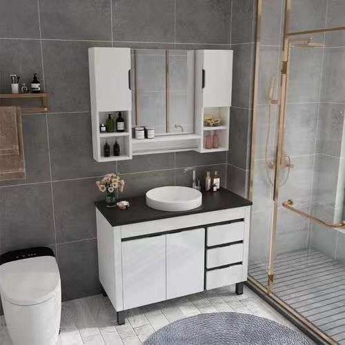 Modern Round Led Mirror Sliding Solid Wood Cabinet Combo Bathroom Sink with Materials