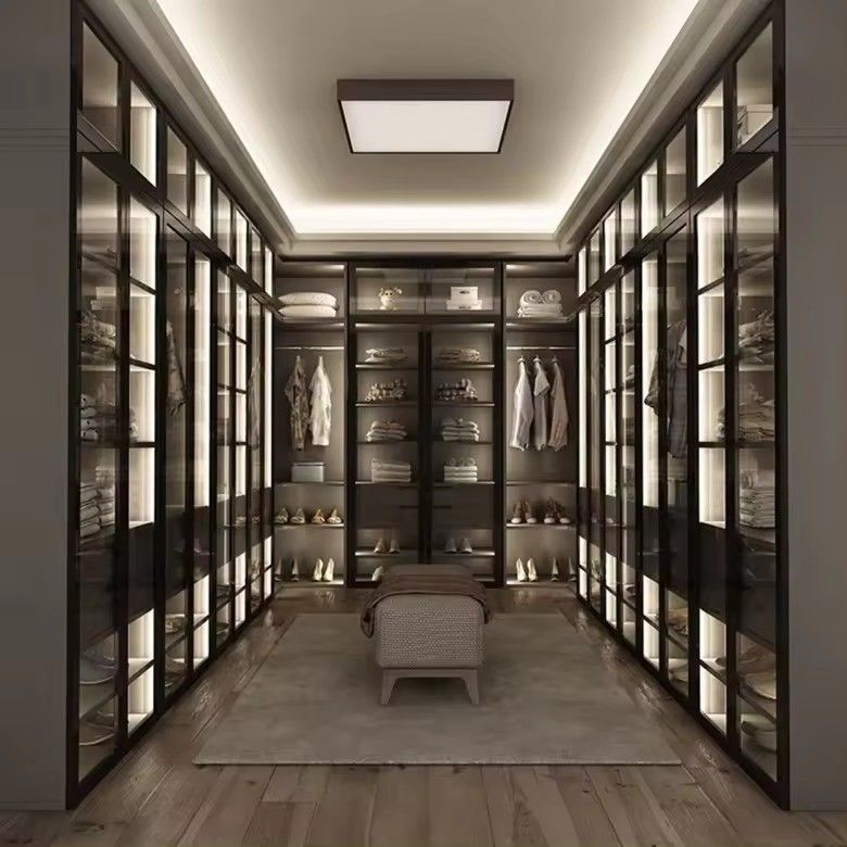 Modern Design Custom Aluminium Frame Glass Door MDF Walk-in Closet with Center Island