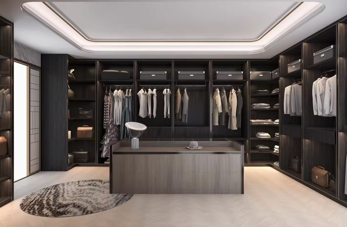 Modern Design Custom Aluminium Frame Glass Door MDF Walk-in Closet with Center Island