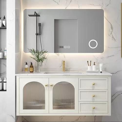 Customized Designs Bath Mirror Floating Cabinet with Acrylic Door Panel and Light