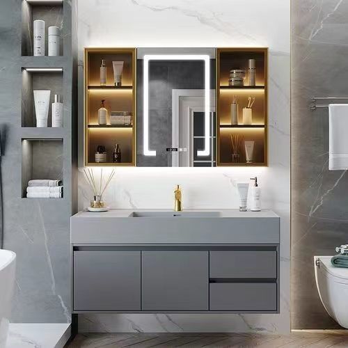 Customized Designs Bath Mirror Floating Cabinet with Acrylic Door Panel and Light