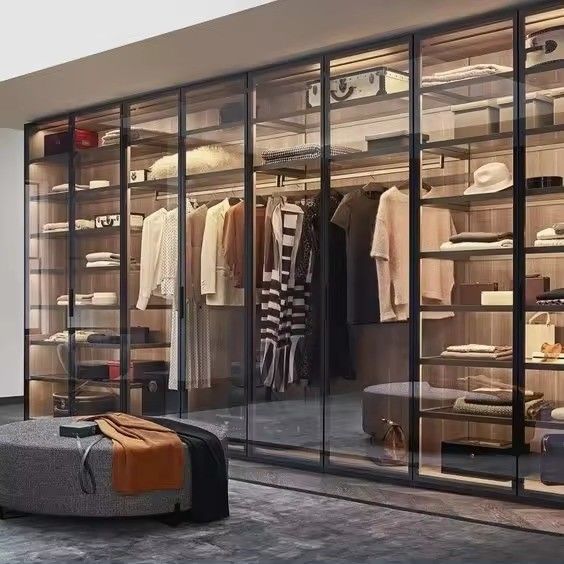 Modern Design Custom Aluminium Frame Glass Door MDF Walk-in Closet with Center Island