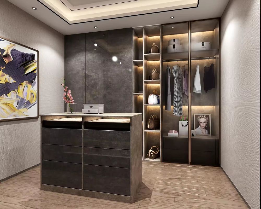 Modern Design Custom Aluminium Frame Glass Door MDF Walk-in Closet with Center Island