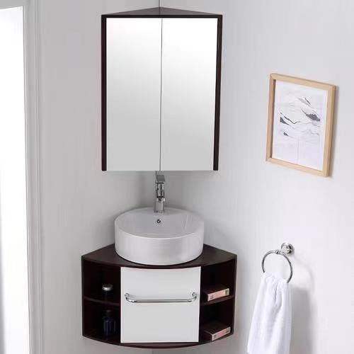 Chinese Wood Triangle Bathroom Mirror Cabinet for Slim Storage in Wall Mount Vanity