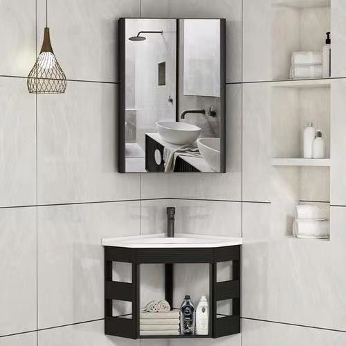 Chinese Wood Triangle Bathroom Mirror Cabinet for Slim Storage in Wall Mount Vanity