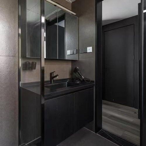 Apartment Solid Surface Black Bathroom Led Mirror Tall Cabinet CAD Design Vanity Combo