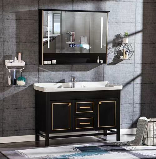 Apartment Solid Surface Black Bathroom Led Mirror Tall Cabinet CAD Design Vanity Combo