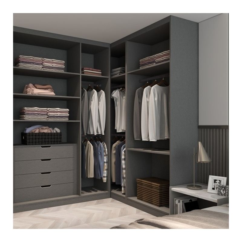 Minimalist Design Matte Grey Modular Wardrobe with Modern Style and Wood Style Panels