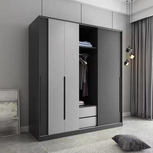 Minimalist Design Matte Grey Modular Wardrobe with Modern Style and Wood Style Panels