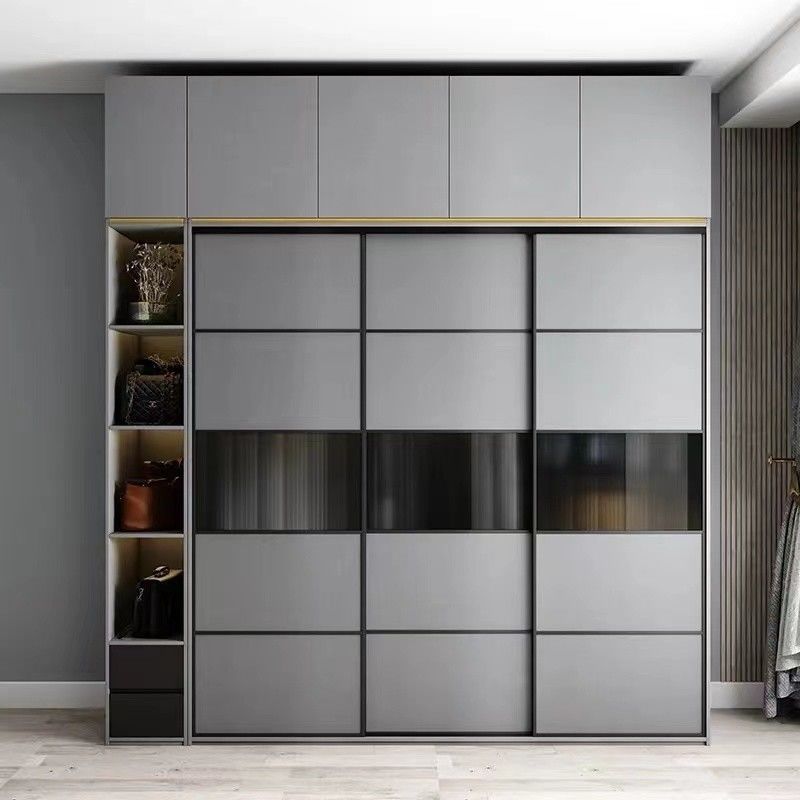 Minimalist Design Matte Grey Modular Wardrobe with Modern Style and Wood Style Panels