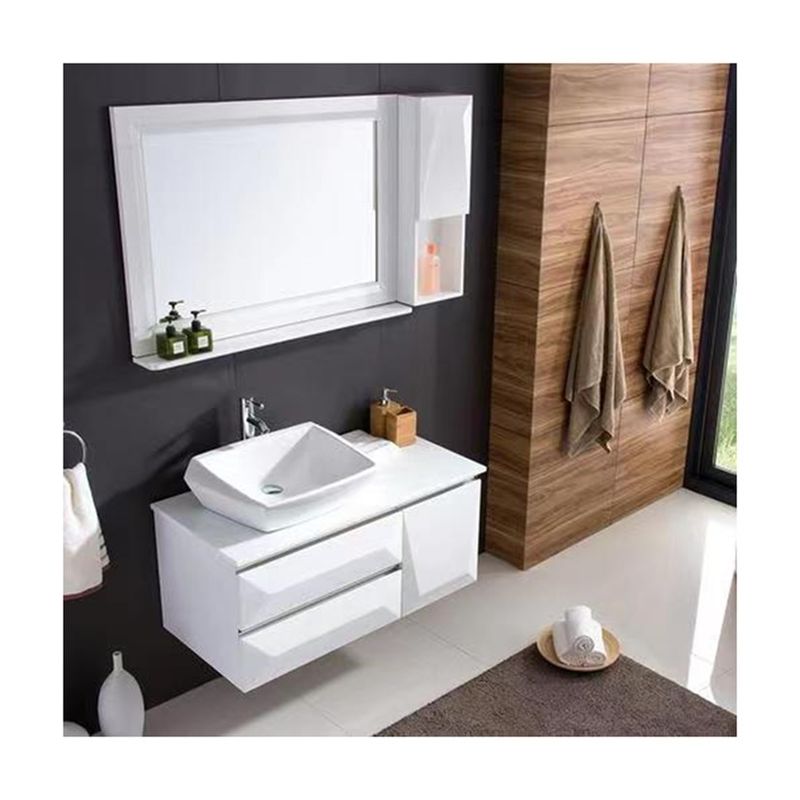 Apartment Essential Sailing Ship Carving Design White Mirror Wall Hanging Cabinet Bathroom Vanity Set