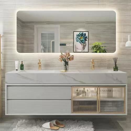 Organize Your Bathroom with YALIG Custom Vanity Cabinet Double Sink and Silver Mirror
