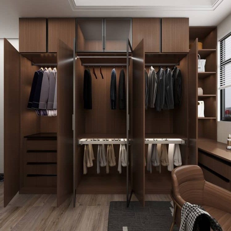 Customized Natural Wood Grain Big Open Cloth Walk in Closet Wardrobe with Modern Style