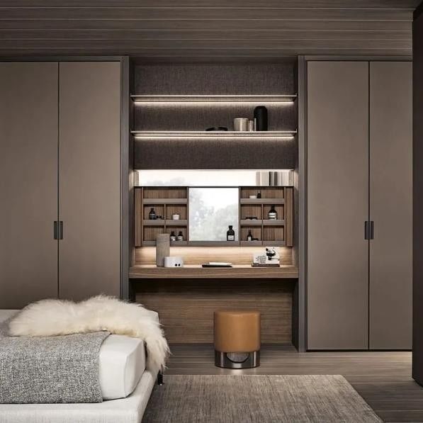 Modern Style Villa Bedroom Wooden Dressing Table with 8 Sliding Doors and Mirror Design