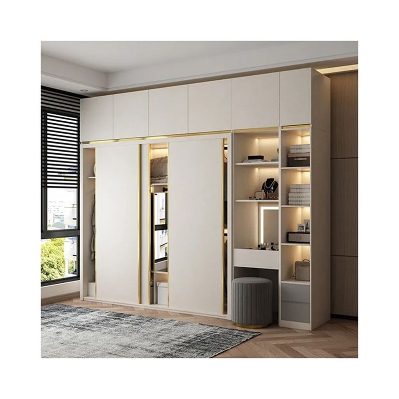 YALIG Solid Wood Complete Bedroom Wall 3 Door Corner Wardrobe with Mirror Dressing Table