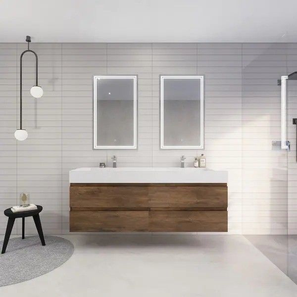 38-46 in Width YALIG Frame-Less Melamine Cabinet With Mirror Lamp Undermount Marble Counter