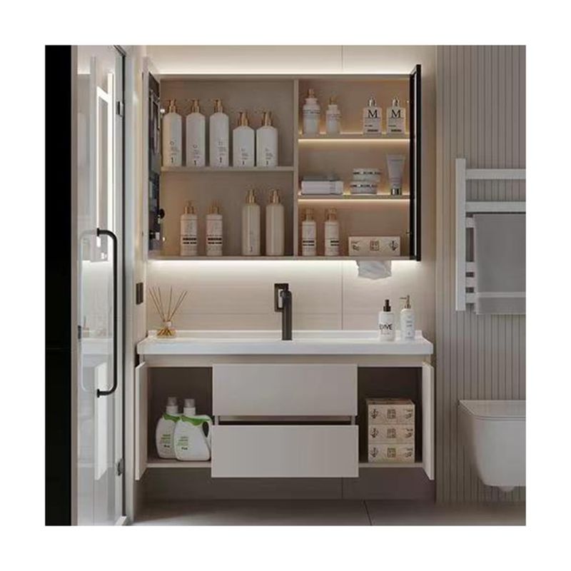 Rectangle White Matte Lacquer Paint Vanity with Soft Close Drawer and Quartz Stone Countertop