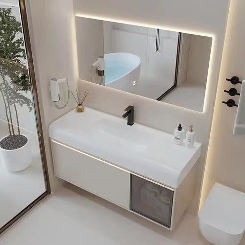 Rectangle White Matte Lacquer Paint Vanity with Soft Close Drawer and Quartz Stone Countertop