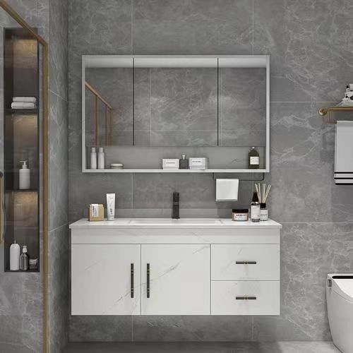 Rectangle White Matte Lacquer Paint Vanity with Soft Close Drawer and Quartz Stone Countertop