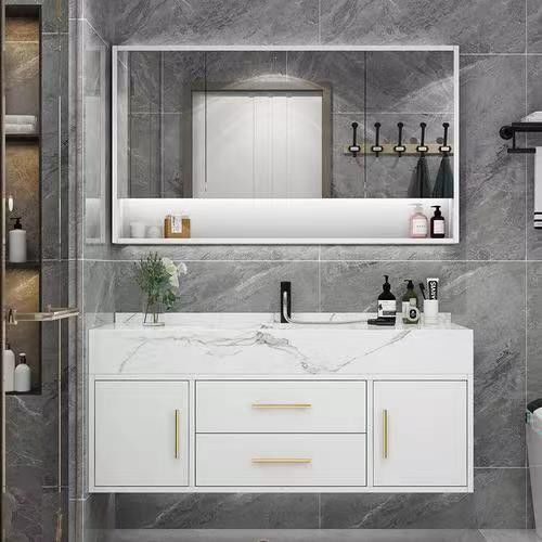 Rectangle White Matte Lacquer Paint Vanity with Soft Close Drawer and Quartz Stone Countertop