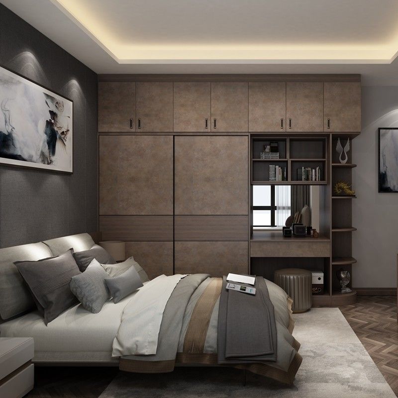 Bedroom Furniture Sliding Door Wardrobes in Wood Style with Eased Edge Metal Cabinets