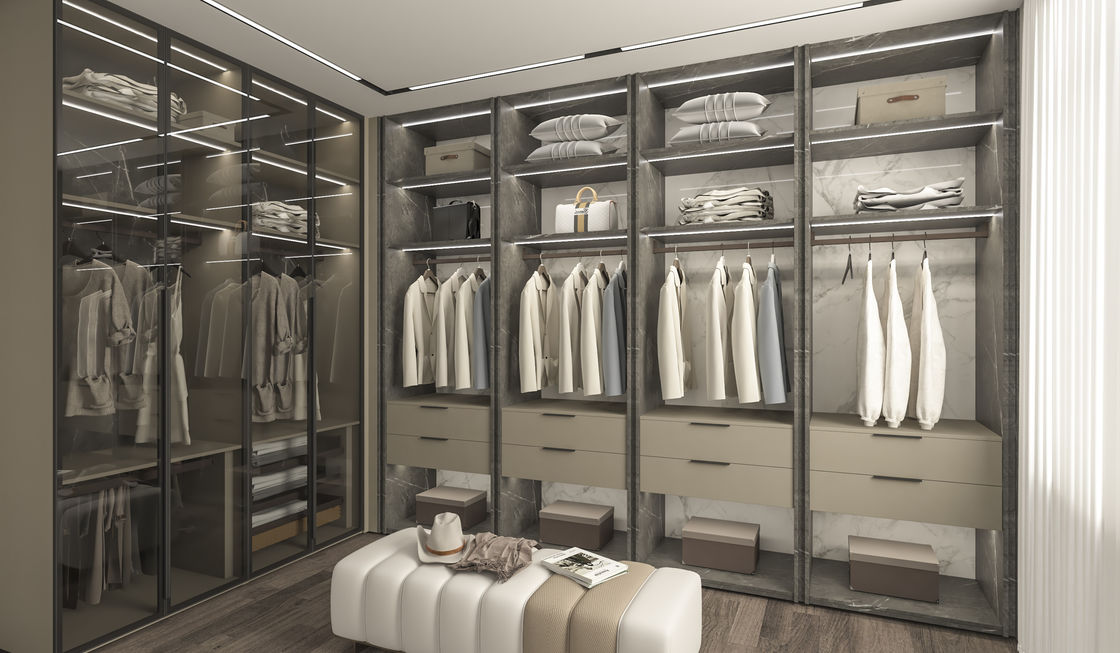 NO Folded Modern Wooden Walk In Wardrobe Closet with Custom Melamine Storage Design